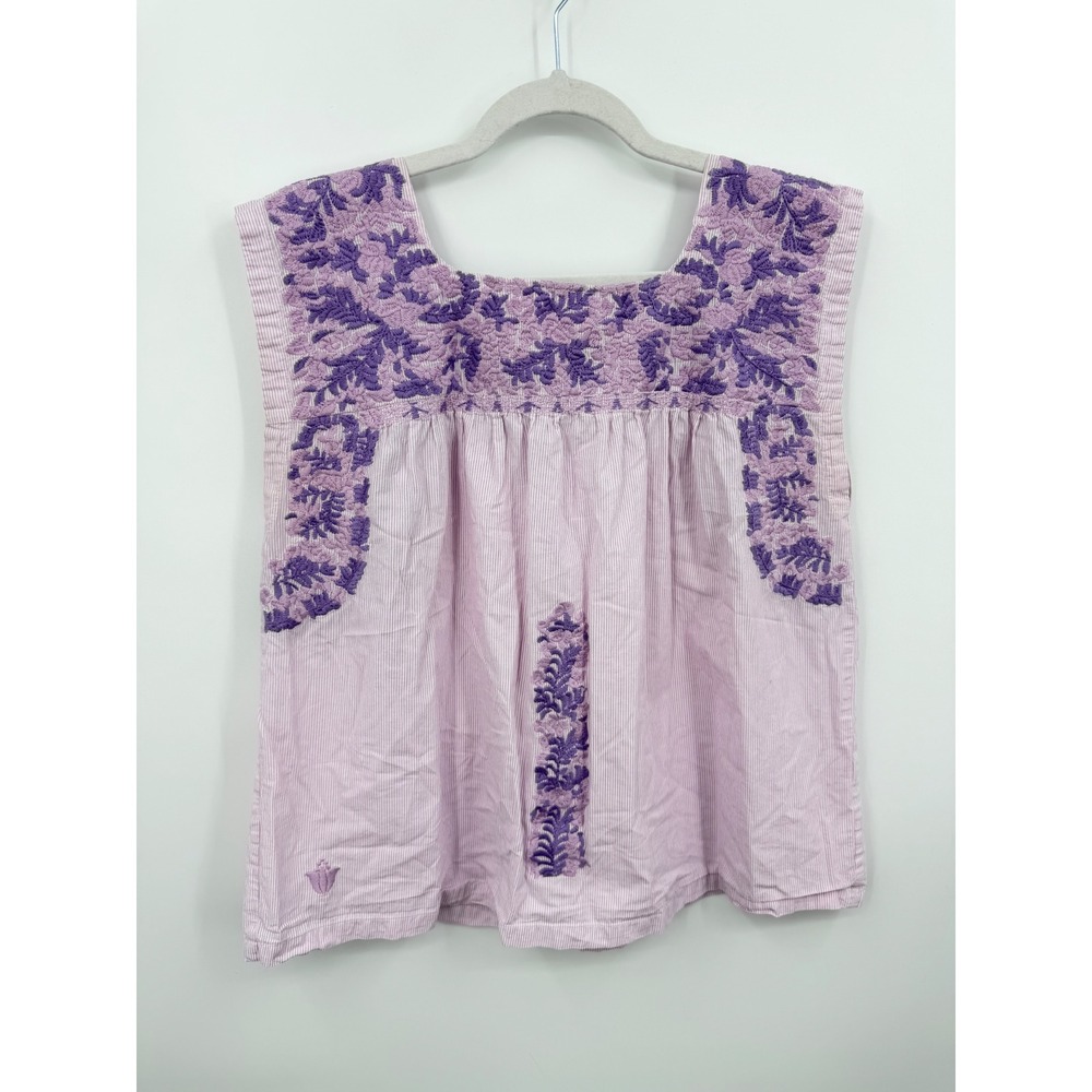 J.marie Embroidered Pinstripe Blouse Women L Pink Purple Boho Sleeveless